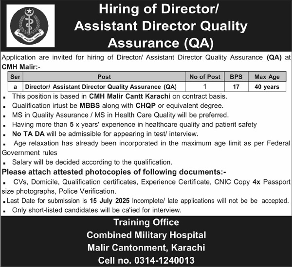 Director, Assistant Director Jobs in Combined Military Hospital Karachi